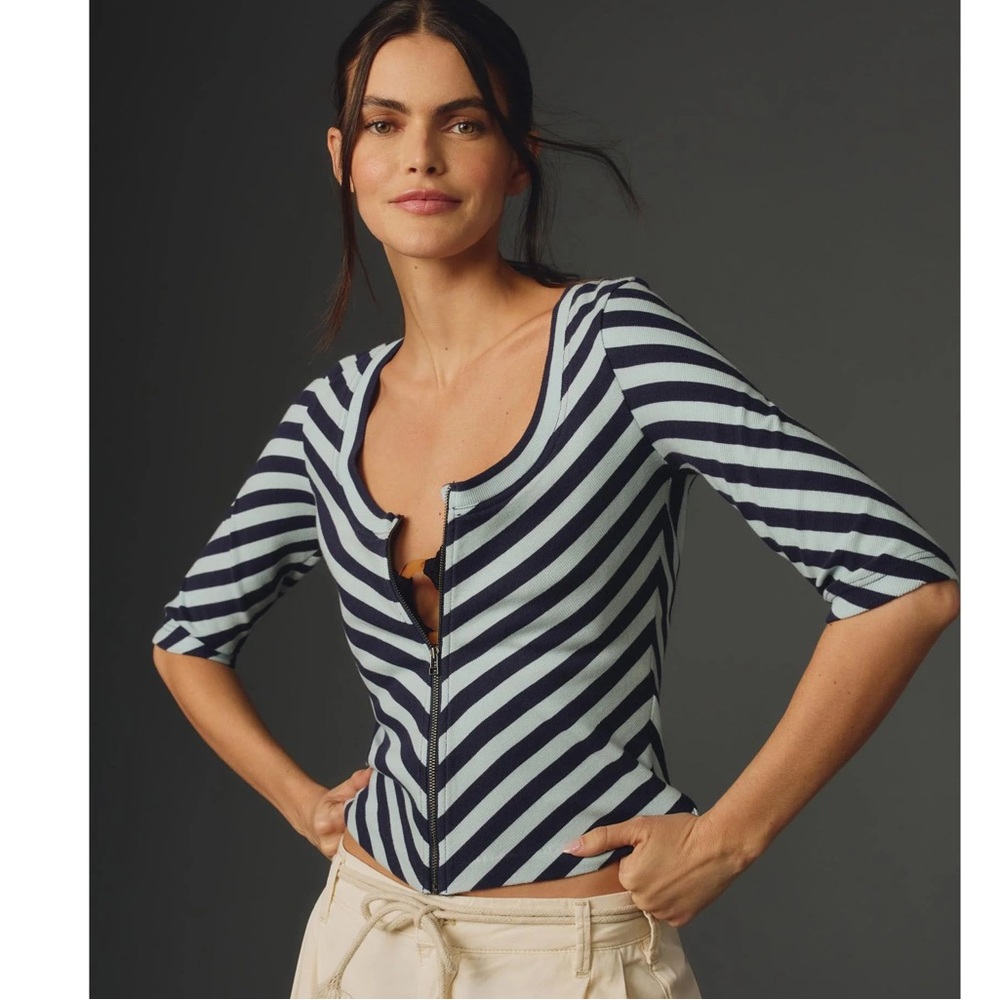 Maeve Anthropologie Blue Striped Zip Front Top Size Medium Scoop Neck Zip